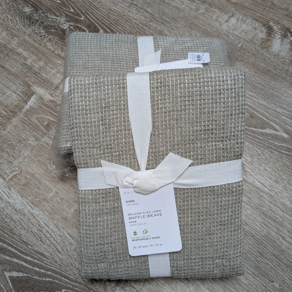 NWT Pottery Barn Set Belgian Flax Linen Waffle Weave Sage Green King Shams